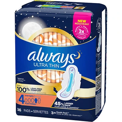 Serviettes Always Ultra Thin, de nuit, avec ailes, degré d’absorption de nuit, taille 4, non parfumées, 36 serviettes