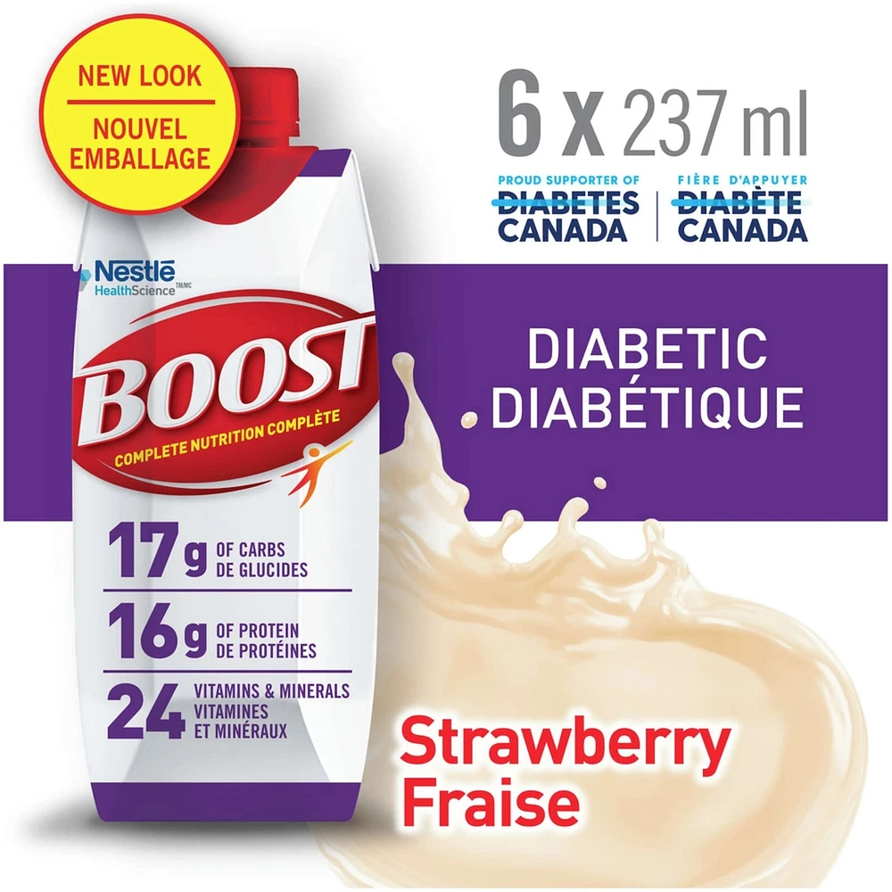 Diabetic Strawberry Nutritional Supplement Drink, Pack of 6, 6 x 237 ml