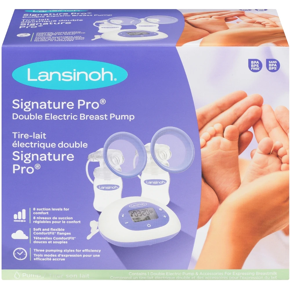 SignaturePro Double Electric Breast Pump, Portable, LCD Display, Includes Breast Pump Bag, 25mm Breast Pump Flanges and 2 Lansinoh Baby Bottles