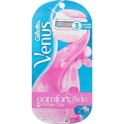Comfortglide Women's Razor White Tea Scented with Reusable Razor Handle, 2 Razor Blade Refills and Shower Holder