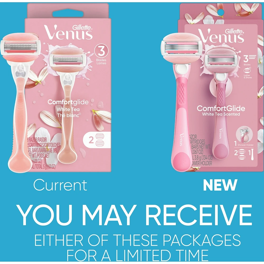 Rasoir Venus GlisseConfort pour femmes, parfum de thé blanc, manche de rasoir réutilisable, 2 cartouches de rechange et un support pour la douche