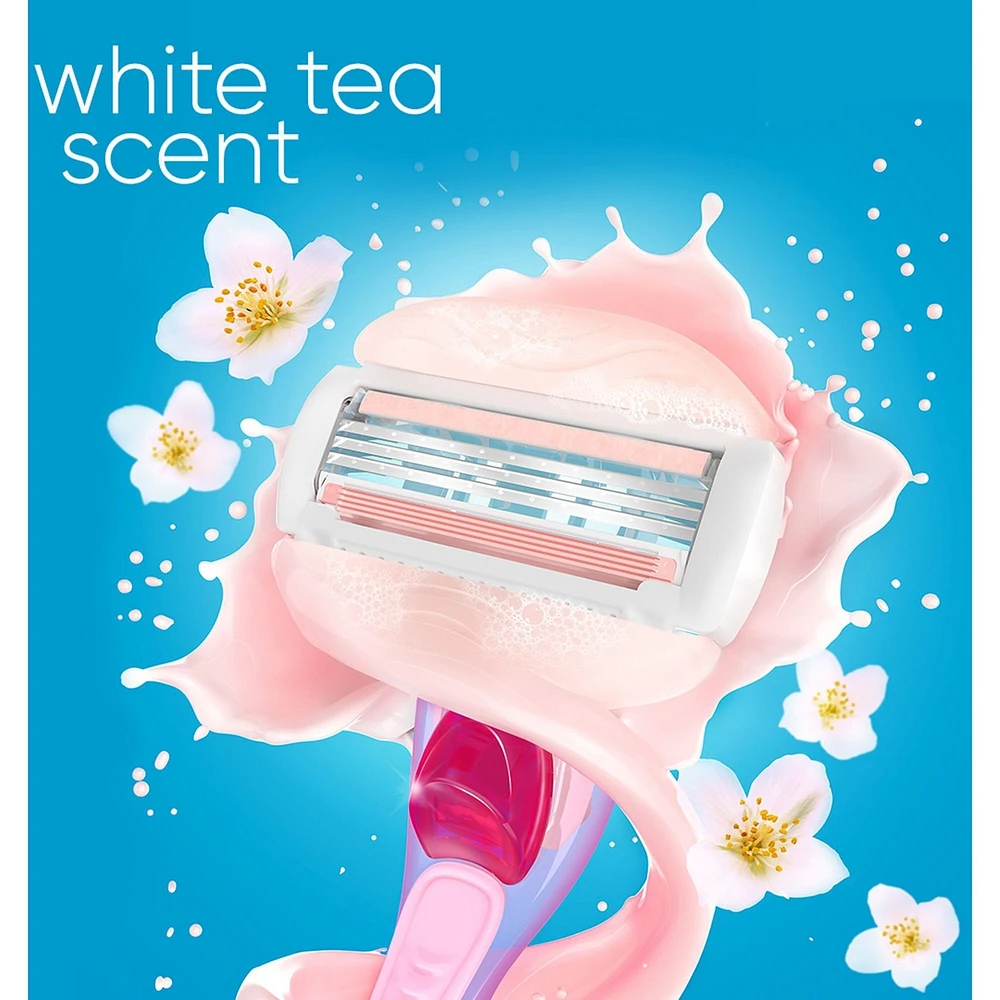 Rasoir Venus GlisseConfort pour femmes, parfum de thé blanc, manche de rasoir réutilisable, 2 cartouches de rechange et un support pour la douche