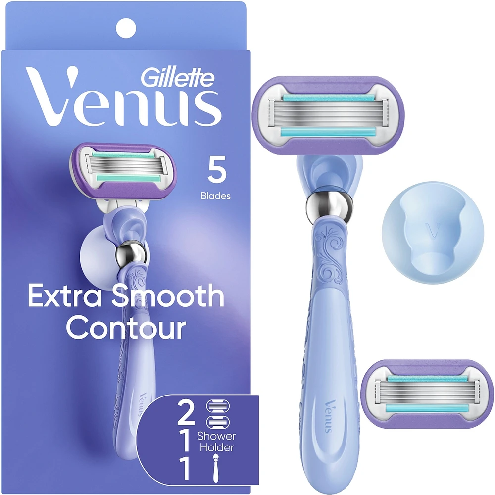 Extra Smooth Contour Women's Razor with Reusable Razor Handle, 2 Razor Blade Refills and Shower Holder