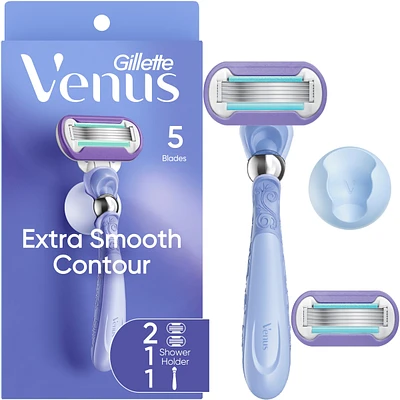 Extra Smooth Contour Women's Razor with Reusable Razor Handle, 2 Razor Blade Refills and Shower Holder