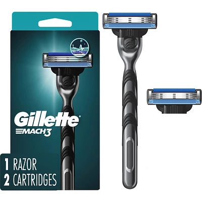 Gillette Mach3 Shaving Razor for Men, 1 Gillette 3-Blade Razor Handle for Men’s Grooming, 2 Razor Blade Refills, Razor Blades with Lubrication Strip
