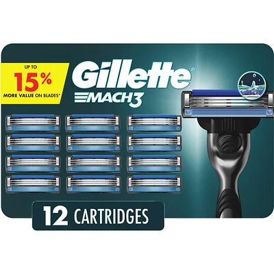 Gillette Mach3 Razor Blade Refills, 12ct Razor Cartridges, Razor Refills for Men With Lubrication Strip,  3-Blade Razor Blades for Close Shave