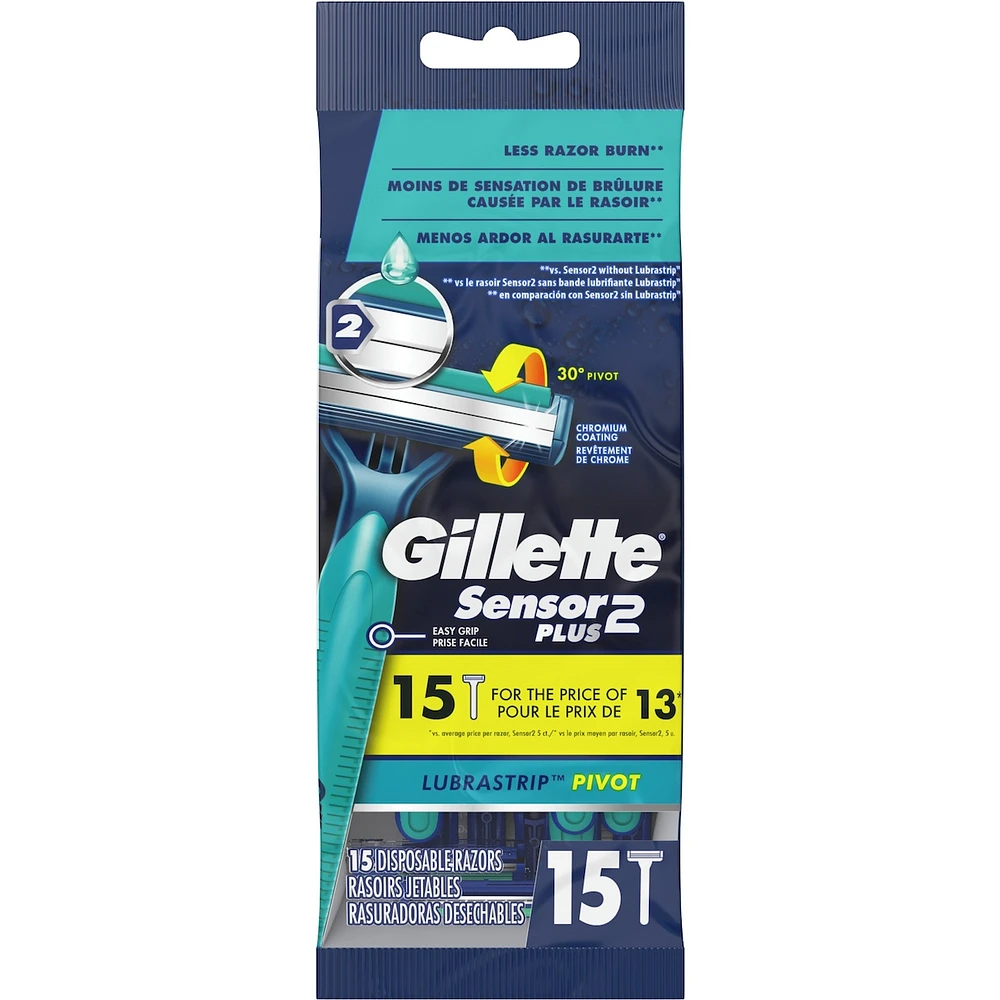 Gillette Sensor2 Plus Pivoting Head Men’s Disposable Razors, 15 Count