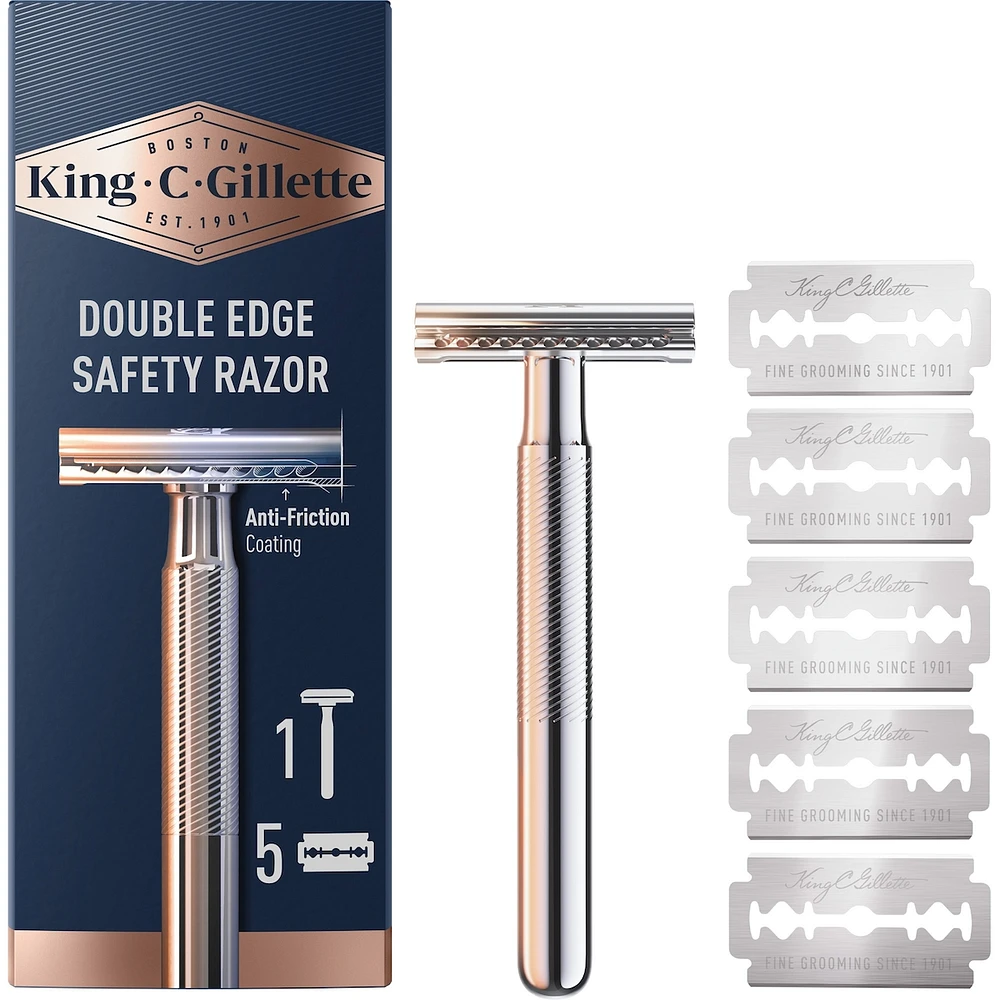 King C. Gillette Double Edge Safety Razor Handle and 5 stainless-steel blades with anti-friction coating