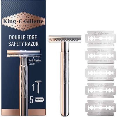 King C. Gillette Double Edge Safety Razor Handle and 5 stainless-steel blades with anti-friction coating