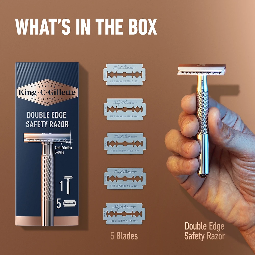 King C. Gillette Double Edge Safety Razor Handle and 5 stainless-steel blades with anti-friction coating