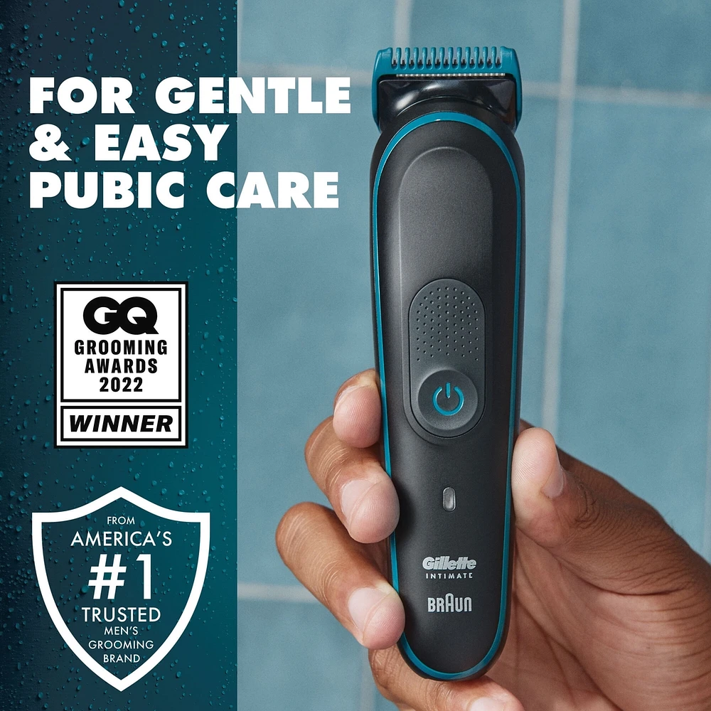 Tondeuse pour poils pubiens Gillette Intimate pour hommes, SkinFirst, étanche, sans fil pour usage sur peau sèche et mouillée, rasoir pour hommes, lames aiguisées à vie