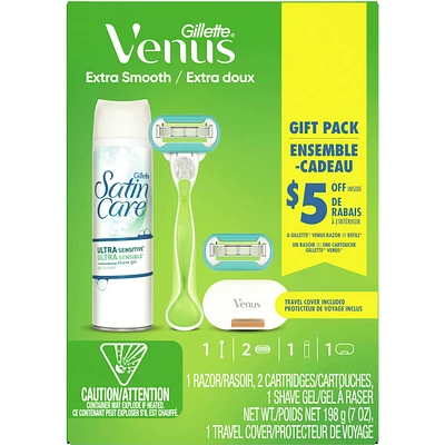 Venus Extra Smooth Women's Handle + 2 Razor Blade Refills + Satin Care Ultra Sensitive Shave Gel, 7oz, Includes Travel Cart Cover