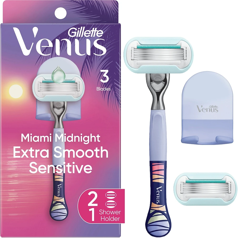 Miami Midnight Extra Smooth Sensitive Razor Handle, 2 Refills, 1 Shower Hook