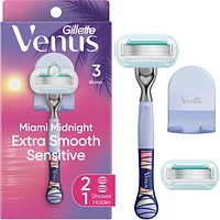 Miami Midnight Extra Smooth Sensitive Razor Handle, 2 Refills, 1 Shower Hook