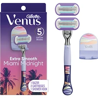 Miami Midnight Extra Smooth Sensitive Razor Handle, 2 Refills, 1 Shower Hook