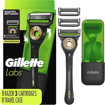 Labs With Exfoliating Bar Black & Gold Edition, Razor For Men, 1 Handle, 3 Blade Refills, Includes Travel Case for Convenient Storage On The Go