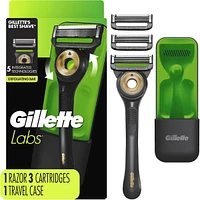Rasoir Gillette Labs pour hommes avec barre exfoliante, édition noire et dorée, 1 manche, 3 cartouches de rechange, comprend un étui de voyage pour un rangement pratique lors de vos déplacements