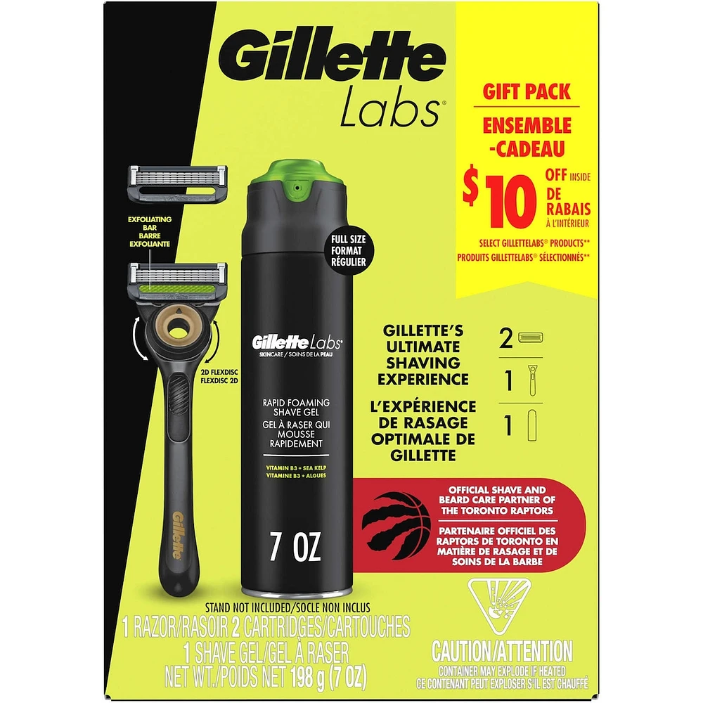 Labs with Exfoliating Bar by Razor for Men, Black and Gold Edition - 1 Handle, 2 Razor Blade Refills, 7oz Rapid Foaming Shave Gel