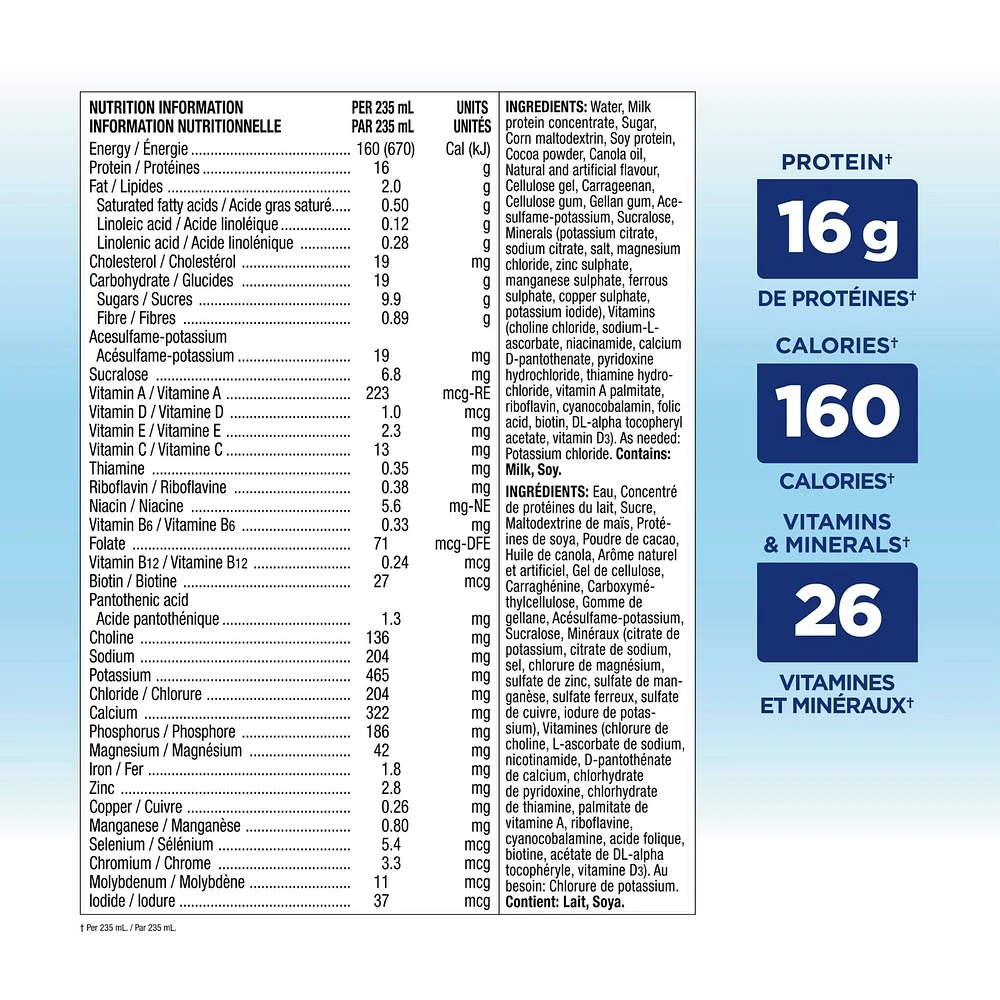 Ensure High Protein 16 g of protein, ready-to-drink nutritional supplement, Chocolate, 6 x 235 mL