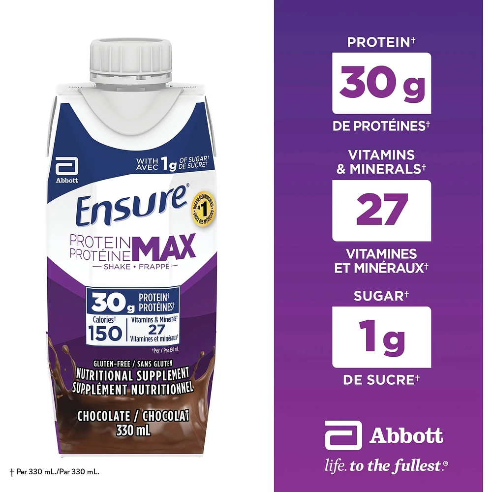 Protein Max 30 g Nutrition Shake Supplement, Chocolate Protein Drink with 30 g of High-Quality Protein, 1 g of Sugar, 330 mL (Pack of 4), 1320 mL
