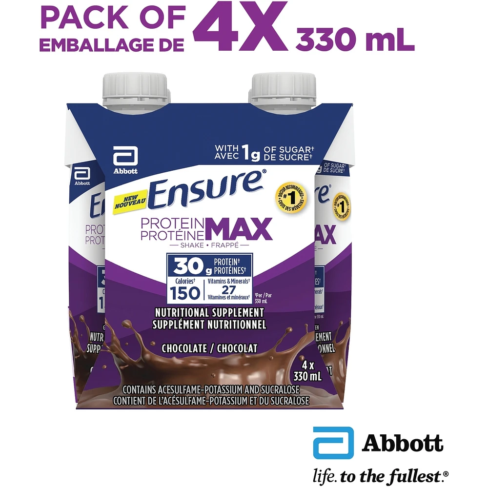 Protein Max 30 g Nutrition Shake Supplement, Chocolate Protein Drink with 30 g of High-Quality Protein, 1 g of Sugar, 330 mL (Pack of 4), 1320 mL
