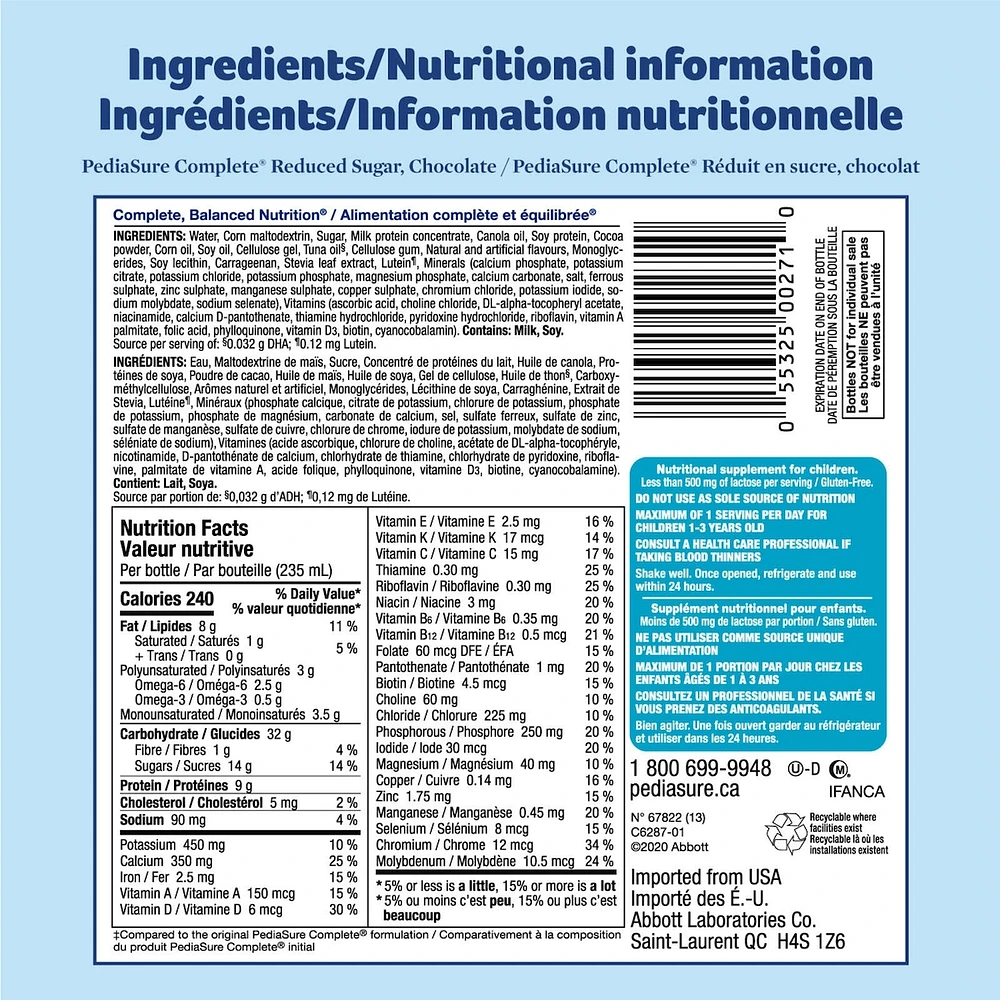 PediaSure Complete Reduced Sugar, 33% Less Nutritional Supplement, 4 X 235 ml, Vanilla, 940 ml