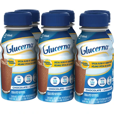 Glucerna® Nutritional Drink, Meal Replacement Shake, Complete, Balanced Nutrition for People with Diabetes, Chocolate, 6 x 237 mL
