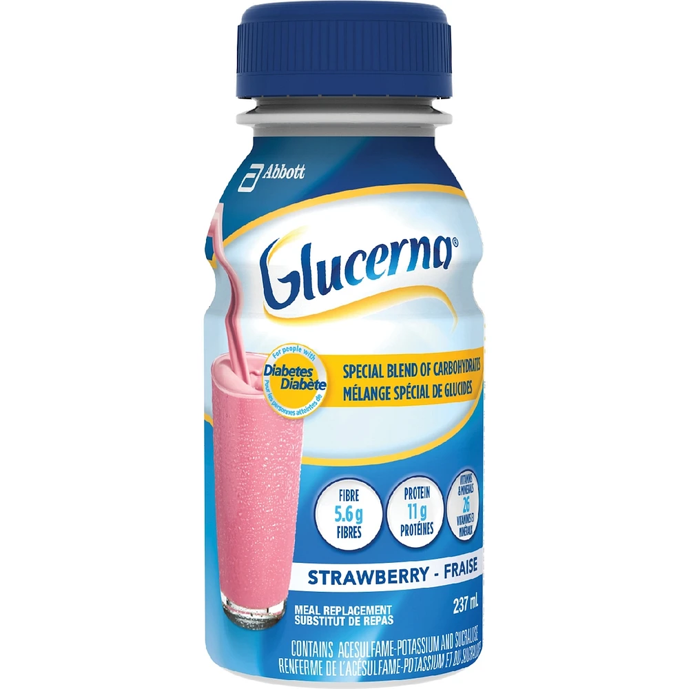 Glucerna® Nutritional Drink, Meal Replacement Shake, Complete, Balanced Nutrition for People with Diabetes, Strawberry, 6 x 237 mL