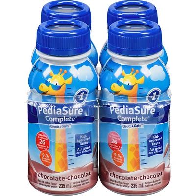 PediaSure Complete®, Nutritional Supplement, 4 x 235 mL, Chocolate – Kids nutritional shake, containing DHA and vitamins, helps promote weight gain when taken twice a day