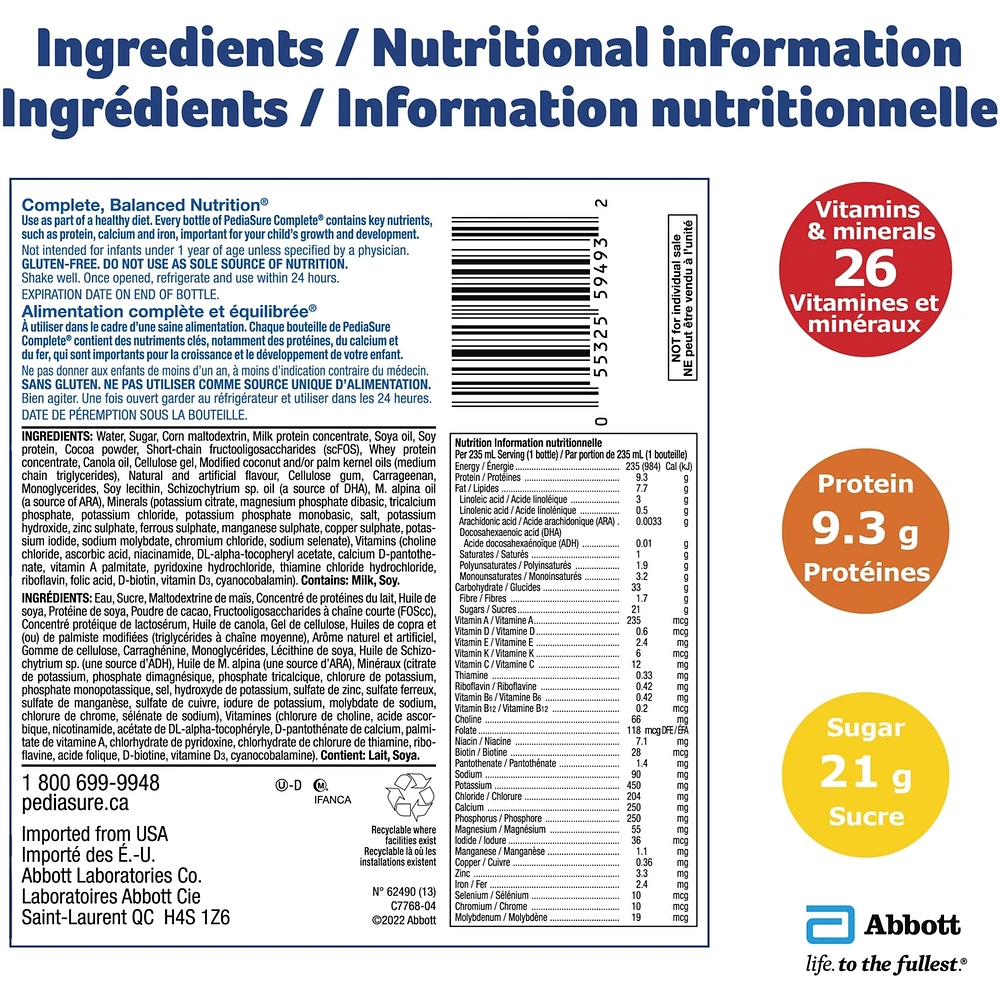 PediaSure Complete®, Nutritional Supplement, 4 x 235 mL, Chocolate – Kids nutritional shake, containing DHA and vitamins, helps promote weight gain when taken twice a day