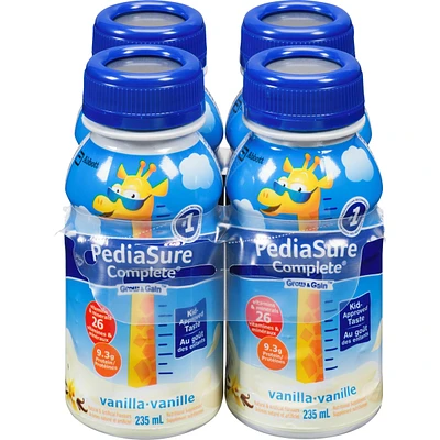 PediaSure Complete®, Nutritional Supplement, 4 x 235 mL, Vanilla – Kids nutritional shake containing DHA and vitamins, helps promote weight gains when taken twice a day