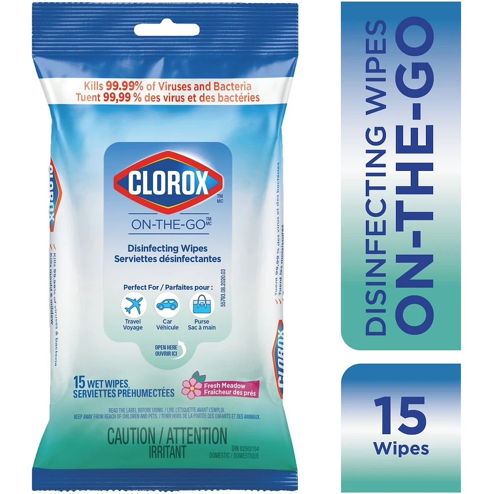 Clorox On-The-Go Disinfecting Wipes, Fresh Meadow, 15 Count