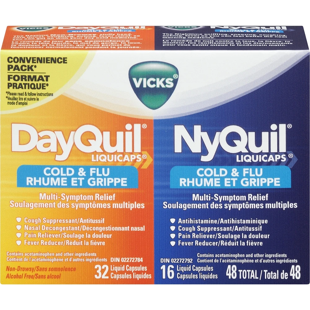 DayQuil Cold & Flu Multi-Symptom Relief Liquid Capsules + Vicks NyQuil Cold & Flu Multi-Symptom Relief Liquid Capsules