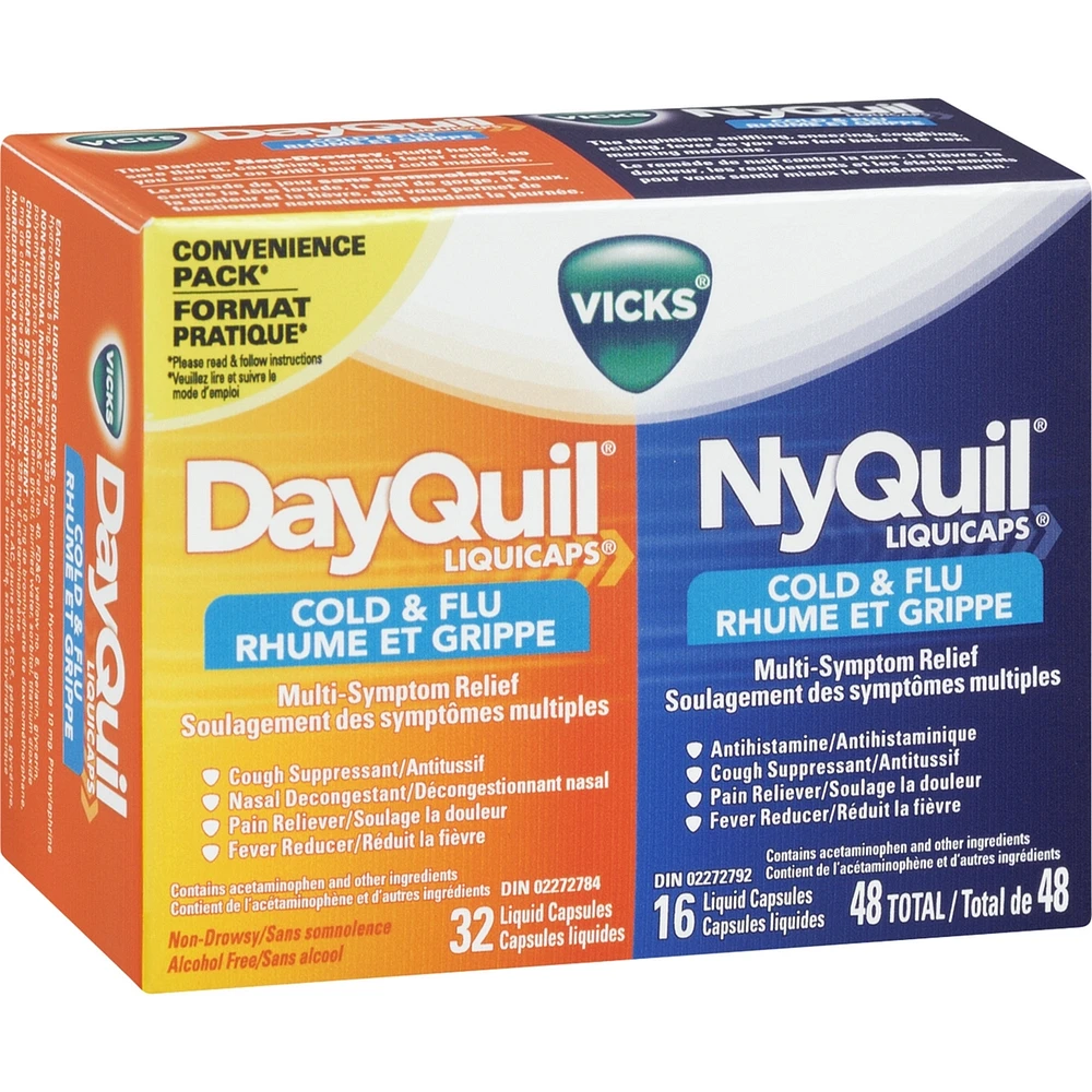 DayQuil Cold & Flu Multi-Symptom Relief Liquid Capsules + Vicks NyQuil Cold & Flu Multi-Symptom Relief Liquid Capsules