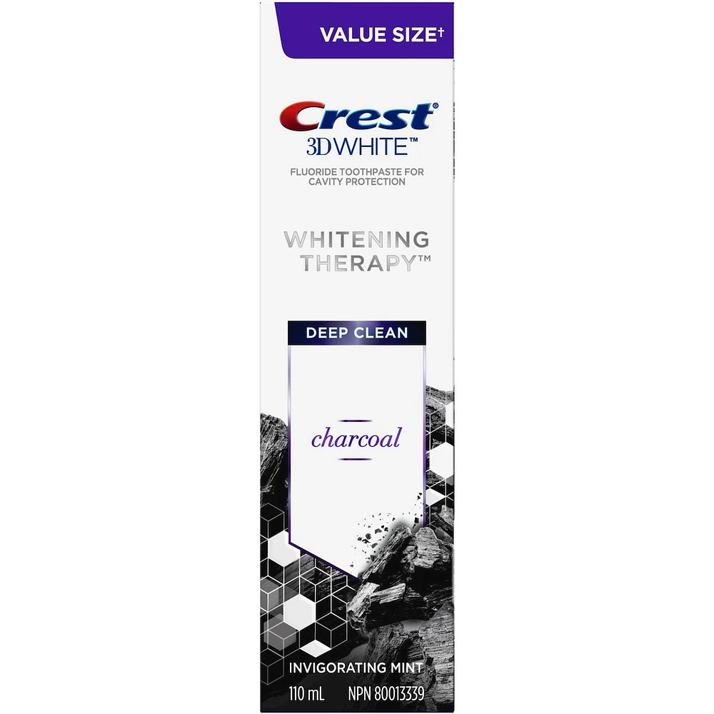 Crest 3D White Whitening Therapy Charcoal Deep Clean Fluoride Toothpaste, Invigorating Mint, 110 mL