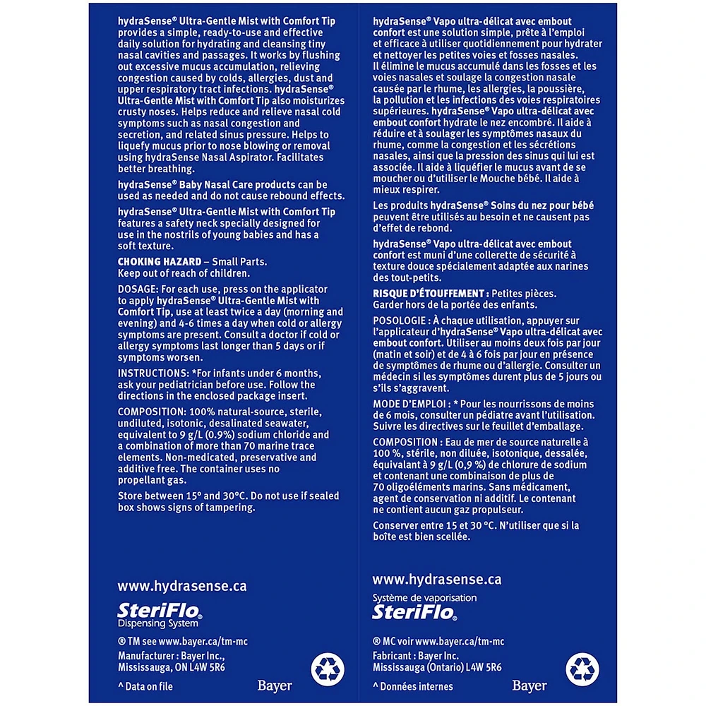 hydraSense Ultra-Gentle Mist Nasal Spray, Baby Nasal Care, 100% Natural Sourced Seawater, Preservative-Free, 100 mL
