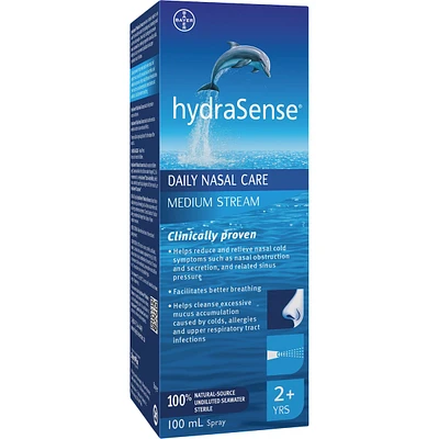 hydraSense Medium Stream Nasal Spray, Daily Nasal Care, Fast Relief of Nasal Congestion, 100% Natural Source Seawater, Preservative-Free