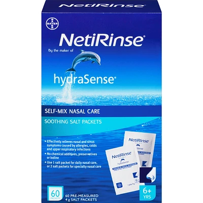hydraSense NetiRinse Refill Salt Packets, Universal Pre-Measured Self-Mix Packets, Reduces and Relieves Nasal Cold Symptoms, 60 Sachets