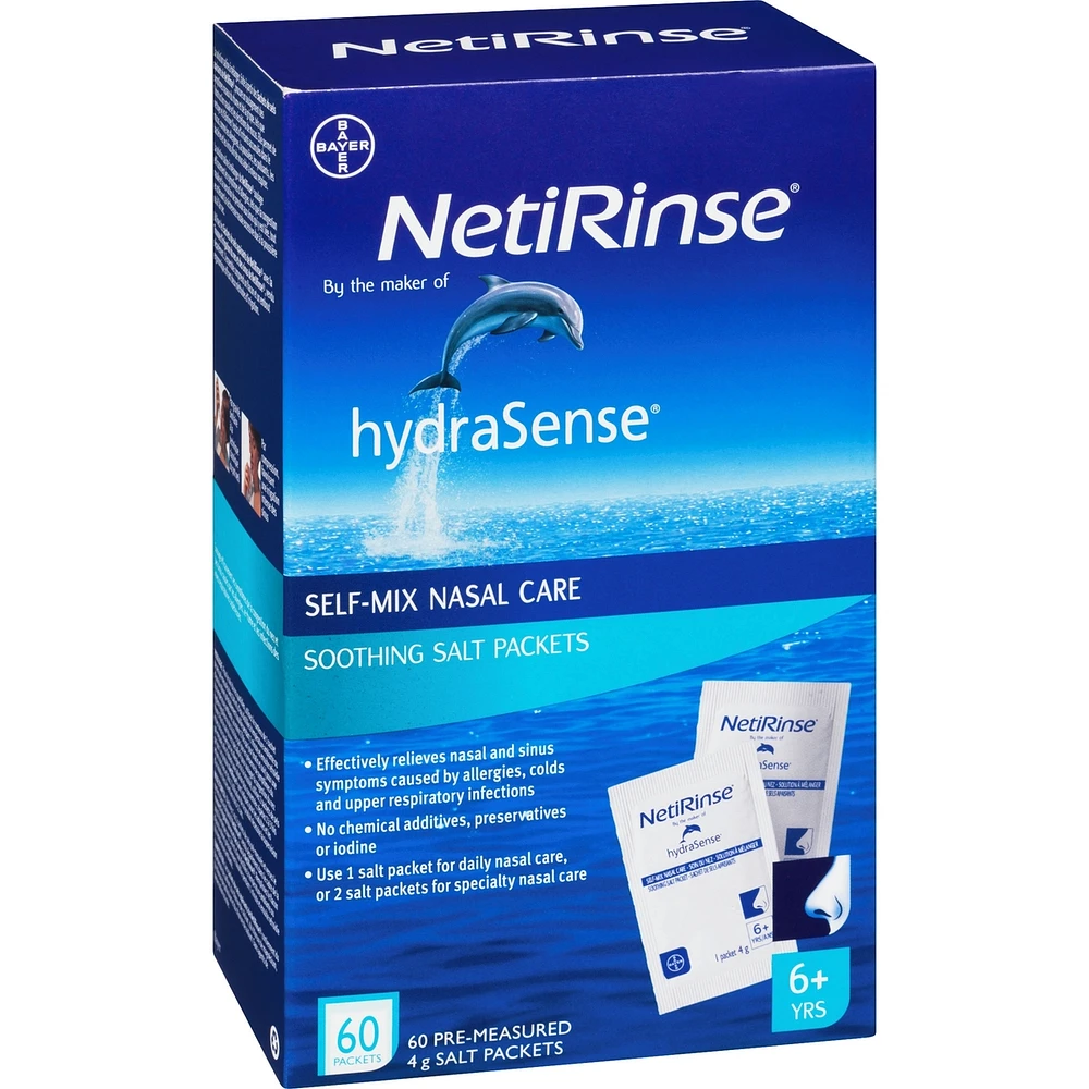 hydraSense NetiRinse Refill Salt Packets, Universal Pre-Measured Self-Mix Packets, Reduces and Relieves Nasal Cold Symptoms, 60 Sachets