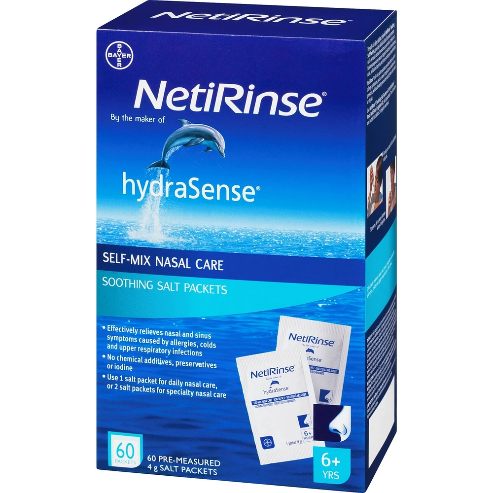 hydraSense NetiRinse Refill Salt Packets, Universal Pre-Measured Self-Mix Packets, Reduces and Relieves Nasal Cold Symptoms, 60 Sachets