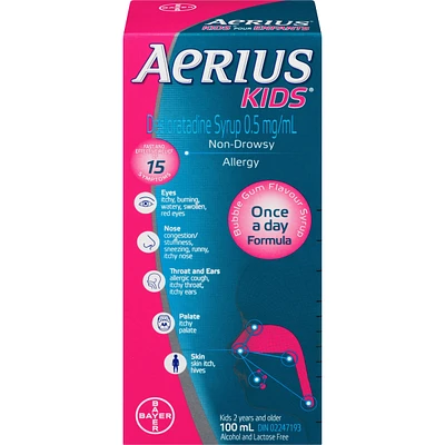 Aerius Kids, Allergy Medicine, 24-Hour Non-Drowsy Relief Syrup, 15 Symptoms,  Bubble Gum Flavour, 100 mL
