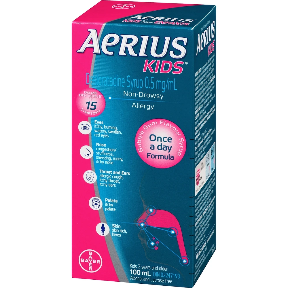 Aerius Kids, Allergy Medicine, 24-Hour Non-Drowsy Relief Syrup, 15 Symptoms,  Bubble Gum Flavour, 100 mL