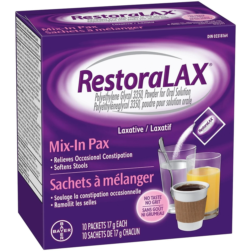 RestoraLAX Powder Laxative, Effective Relief, No Taste, No Grit, No Gas, No Bloating, No Cramps, Convenient 10 Single Dose Sachets
