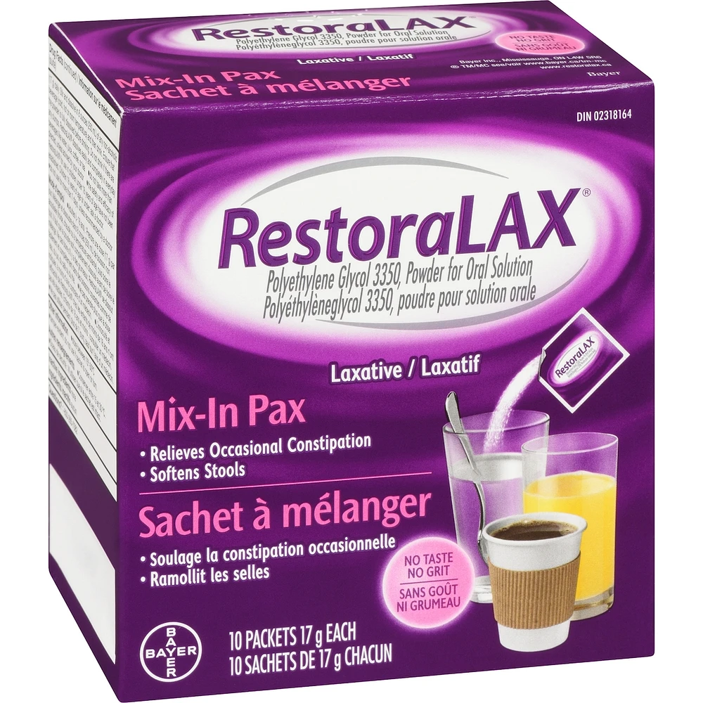 RestoraLAX Powder Laxative, Effective Relief, No Taste, No Grit, No Gas, No Bloating, No Cramps, Convenient 10 Single Dose Sachets