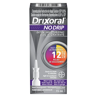 Vaporisateur Drixoral No Drip avec hydradants, soulage la congestion tout en apaisant les voies nasales sèches et irritées, 15 mL