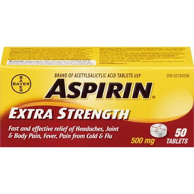 ASPIRIN Extra Strength 500mg, Fast & Effective Relief of Migraines, Headaches, Joint & Body Pain, Fever, Pain from Cold & Flu