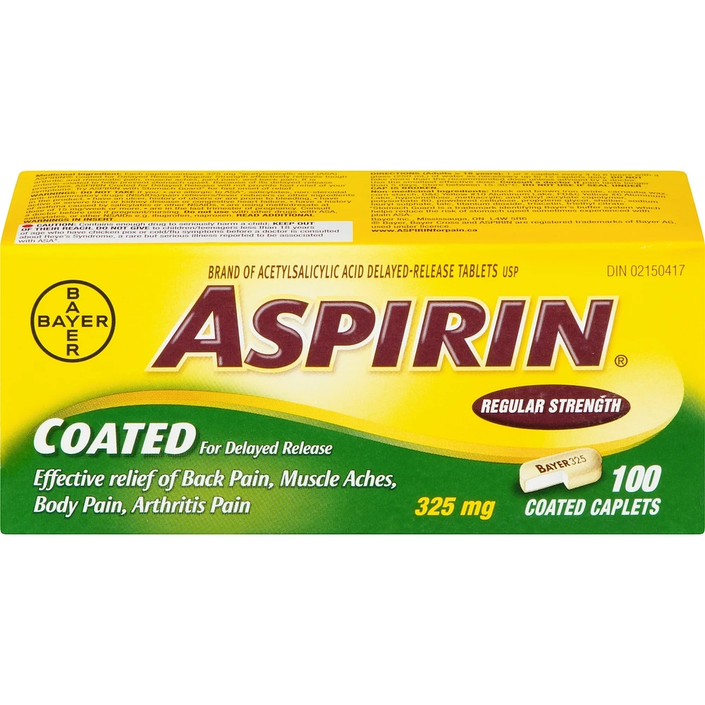 ASPIRIN Coated for Delayed Release Regular Strength 325mg, Effective Relief of Back Pain, Muscle Aches, Arthritis pain, 100 Caplets