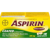 ASPIRIN Coated for Delayed Release Regular Strength 325mg, Effective Relief of Back Pain, Muscle Aches, Arthritis pain, 100 Caplets
