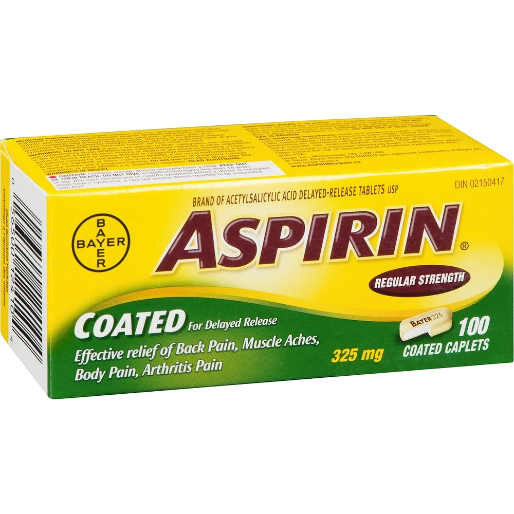 ASPIRIN Coated for Delayed Release Regular Strength 325mg, Effective Relief of Back Pain, Muscle Aches, Arthritis pain, 100 Caplets