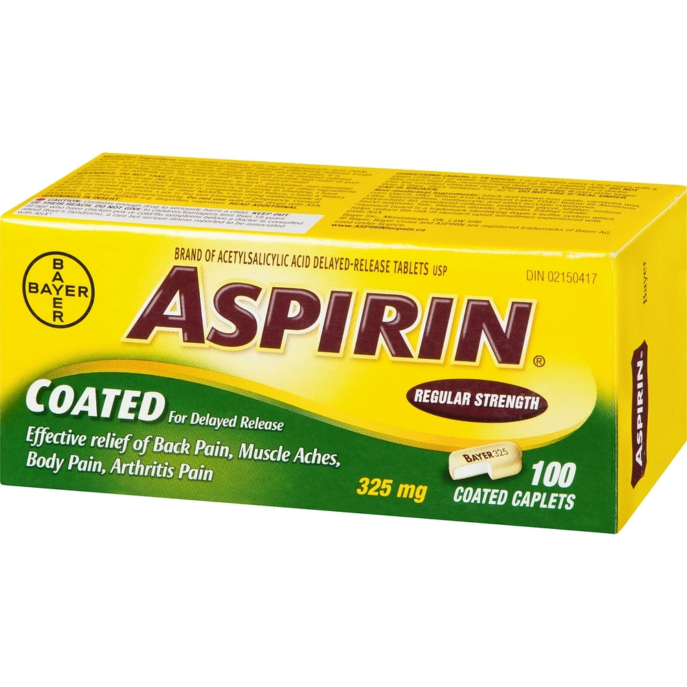ASPIRIN Coated for Delayed Release Regular Strength 325mg, Effective Relief of Back Pain, Muscle Aches, Arthritis pain, 100 Caplets